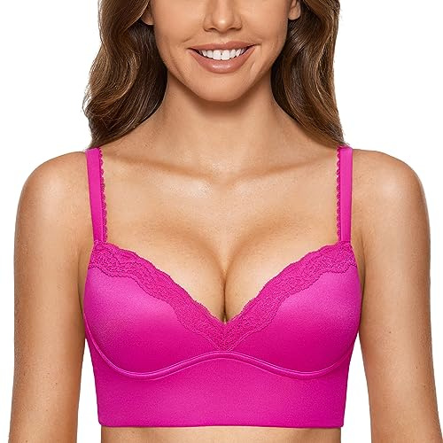 DOBREVA Donna Reggiseno Senza Ferretto Push Up Pizzo Jacquard Coppa Preformata con Schiena Liscia Rosa Glitterato 2B