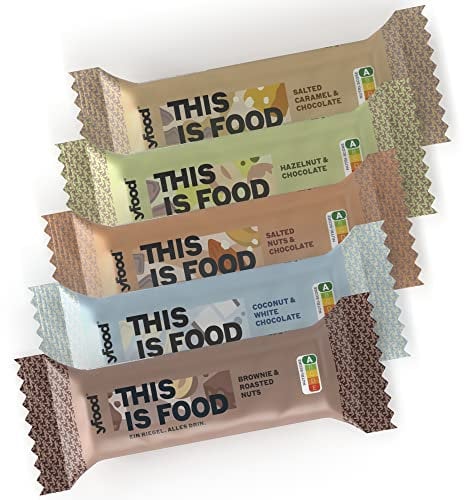 yfood Protein Riegel ohne Zucker Probierpaket (8 Riegel, 5 Sorten) - Proteinriegel zuckerarm & glutenfrei - This Is Food High Protein Riegel mit 13g Protein, 26 Vitamine & Mineralstoffe