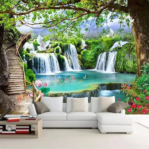 Custom Size Wall Murals,Green Big Tree Waterfall,Removable Peel and Stick Self-Adhesive Wall Murals Large Photo Wallpaper