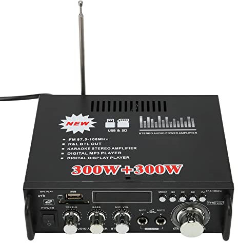 Amplificador de Potencia, Amplificador de Audio Bluetooth Inalámbrico de 300 W 300 W con Puerto de Tarjeta de Memoria USB, Amplificador de Potencia Profesional con Pantalla LED,