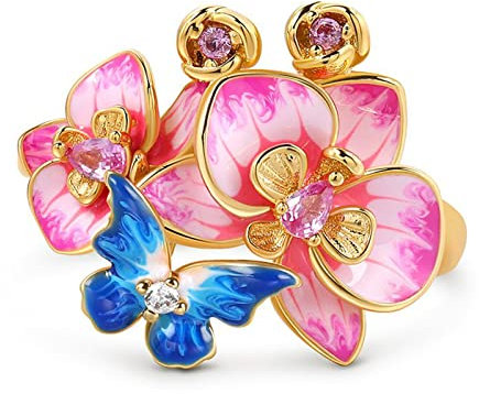 Jeulia Emaille-Ring aus Sterlingsilber: Damen-Ring mit mehrfarbiger Rose, Blume, Verlobung, Hochzeit, Diamant-Bandring für Frauen und Mädchen, Ring, Party-Schmuck