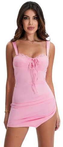 MAHUAOYIXI Robe Courte Femme Bodycon Robe Élastique Sexy Bande de Dentelle Fille Robe Sans Manches Sexy Femme Élégant Bodycon Femme Sexy Mini Robe de Soirée Casual Discothèque Fête, Rose clair, M