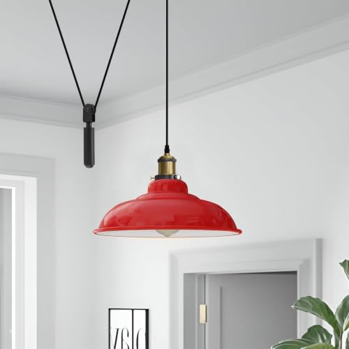 LEDSone Großer Metall-Deckenstrahler mit 2 m Kabel, höhenverstellbar, Edison-Fassung 60 W E27, Vintage-Industrie-Stil, mit Seilrolle. (Rot)