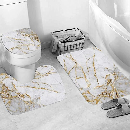 EKSED Ensemble Tapis de Bain, Carpettes de Toilette 3 Pièces,Marbre d'or Blanc,Tapis WC Antidérapant Doux Absorbant pour la Salle de Bain/WC