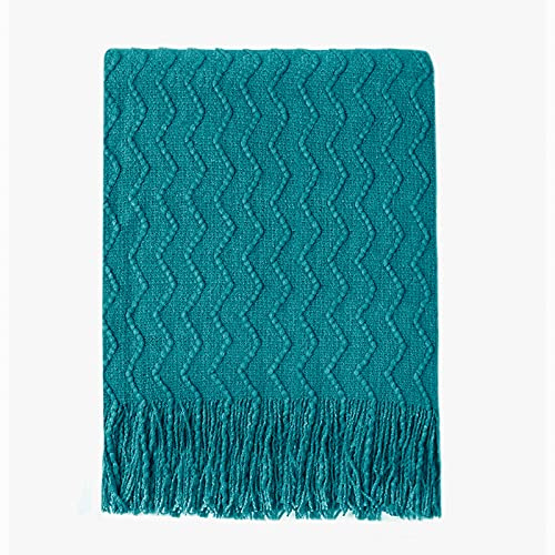 BOURINA Knitted Textured Throw Soft Sofa Blanket Teal 127x228cm | Soft textured solid knit fabric, decorative home throw, multi-use for sofa couch bed, lightweight warm, neutral home decor