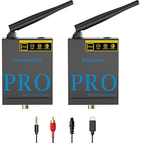 1Mii Wireless audio Transmitter and Receiver, Optical Coaxial data Connections 2.4Ghz Long distance transmission Low Latency Wireless Adapter for Active Speaker to TV/PC/CD Player/Home Sound System