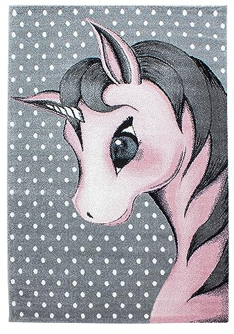 Stilvoll Günstig: Robuster Kinder Teppich, Einhorn-Design aus Polypropylen und Rücken aus Jute in Pink idealerweise für Kinderzimmer, Rechteck, 140x200cm