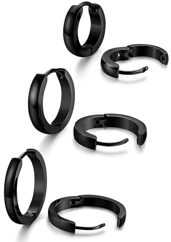 FIOROYAL 3Paar Edelstahl Ohrringe Herren Damen Creolen Huggie Ohr Piercings Hypoallergen Ohrringe Männer Schwarz 12/16/20mm