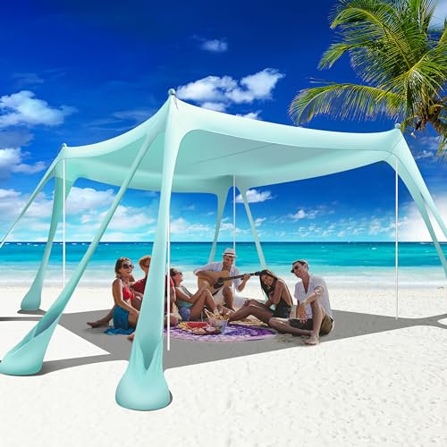 VIONMI Stranddach, Strandzelt, Pop-Up-Schatten, 3 x 3 m, Sonnenschutz LSF 50+, mit 8 Sandsäcken, 2 Sandschaufeln, 4 Aluminium-Stangen, Heringe, tragbare Tragetasche für Outdoor, Familie, Camping,