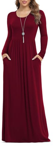 Anelune Dresses for Women Long Sleeve Loose Plain Plus Size Maxi Dresses Casual Long Dresses with Pockets Wine Red Large