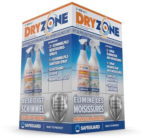 Dryzone Kit d'Élimination et de Prévention des Moisissures (3 x 450 ml sprays) - Solution définitive à long terme contre les Moisissures - pour Murs, Douches, Salle de Bain et Cuisine