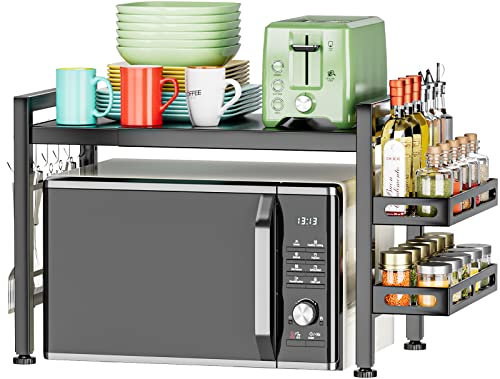 EKNITEY Ausziehbares Mikrowellen-Regal – über mikrowellenregal Regal, Arbeitsplatte, 2-stöckig, Küchen mikrowellen ständer, mit Gewürzregal und 6 Haken (Black with Spice Rack)