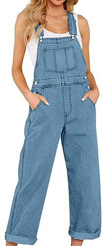 Dungarees for Women UK Adjustable Straps Denim Jumpsuit Ladies Casual Loose Wide Leg Bib Overalls with Pockets Womens Summer Classic Fit Romper Jeans Trousers
