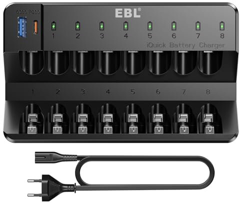 EBL Chargeur de Piles iQuick, Chargeur de Piles Rechargeables Ultra Rapide 8 Slots pour AA AAA NiMH NiCD Piles Rechargeables, avec PD 20W USB C et USB A Port Sortie