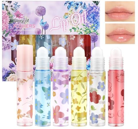 KUIRUNRX® Roll On Glitter Lipgloss,Farblos Lipgloss Durchsichtig,Glitzer-Lipgloss Aufrollen, Geschmack Feuchtigkeitsspendende Lippenstifte,Lip Shiner Roll-On für trockene Lippen (Floral, 6pcs)
