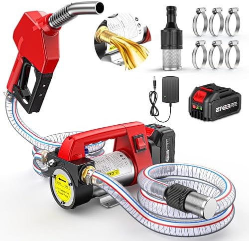 Taskstar Pompa Travaso Gasolio a Batteria 45L/min, Set di Pompe Elettriche da 21V con Batteria 1x4,0Ah, Pompa Portatile per Olio Combustibile con Ugello, 2x Tubo da 2 m per Diesel e Cherosene
