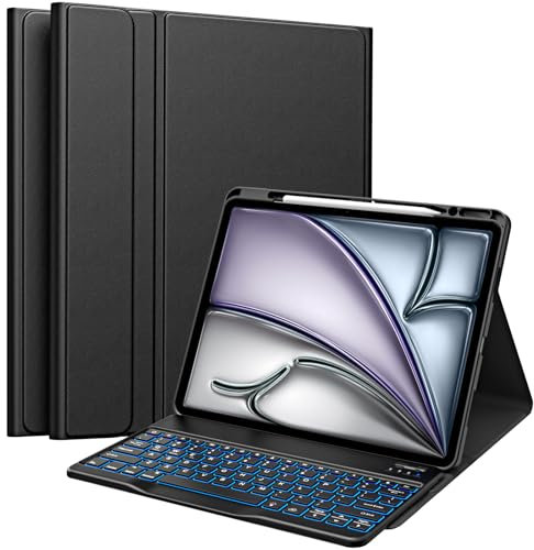 MoKo for iPad Air 13 Inch Case with Keyboard (M3 2025/M2 2024), iPad Pro 12.9 inch (5th/6th Gen) Keyboard Case with 7 Colors Backlit, Pencil Holder, Multi-Angle Detachable Bluetooth Keyboard Off-Black