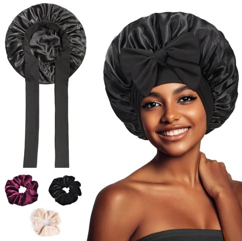 lafo 1 Stück Schlafmütze Satin Bonnet Nacht Schlaf Schlafhaube Seide mit 3 Haargummis Seidenhaube zum Schlafen Bonnet Sleep Cap für Damen und Mädchen (Schwarz)