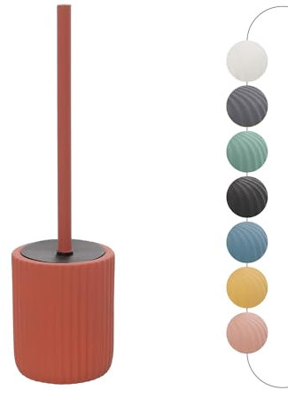 Inbagno Porta scopino WC Rosso Mattone cannettato in Ceramica Soft Touch, setole Nere Anti-igieniche con paraspruzzi, Spring