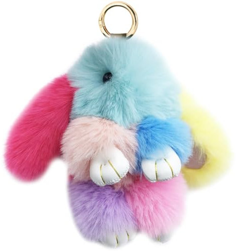 Xsclpomddy Plüsch-Häschen-Schlüsselanhänger Der Regenbogen Pom Poms Taschenanhänger Handtasche Autoschlüssel Plüsch-Pom Pom Dekoration,rainbow lake blue