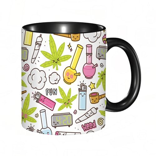 reyawdf Original Tasse mit lustigem Design,Grünes Unkraut-Marihuana-Kawaii-Cartoon-weißes Muster-Cannabis-Rauch,330ml, für Kaffee- und Teeliebhaber, als Geschenk für Weihnachten, Geburtstag und mehr