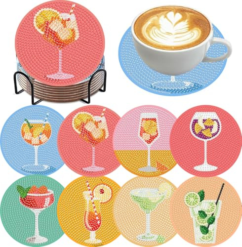 8 Pcs Cocktail Diamond Art Coasters Kits with Holder, DIY Retro Cocktail Diamond Painting Coasters for Adults Beginners, Round Non Slip Coaster Crafts for Tabletop Protection and Gifts 10x10cm