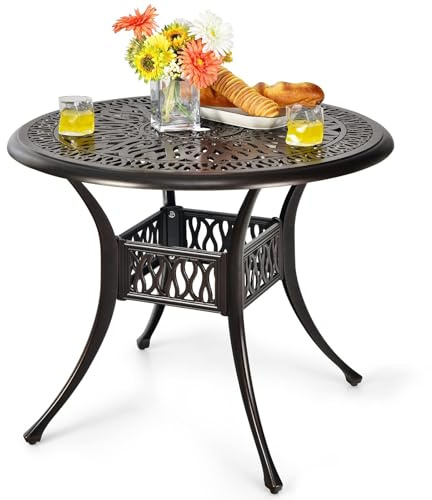 FANTASK Balkontischmit Schirmloch, runder wetterfester Gartentisch aus Aluminiumguss, Terrassentisch für Garten, Terrasse & Balkon, antike Optik, Ø 90 cm, 90 x 90 x 72 cm