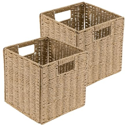 Trintion 2x Faux Wicker Baskets Faux Wicker Organizer Bins with Handles for Shelves Foldable Storage Cubes Storage Baskets for Gifts For Organization & Decoration (25x25x25cm)
