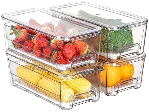 Antimbee 4er-Pack Kühlschrank Organizer Schublade, Stapelbare Organizer Kühlschrank mit Deckel, Aufbewahrungsbox für Kühlschränke,Küche, Vorratsschrank, Gefrierschrank