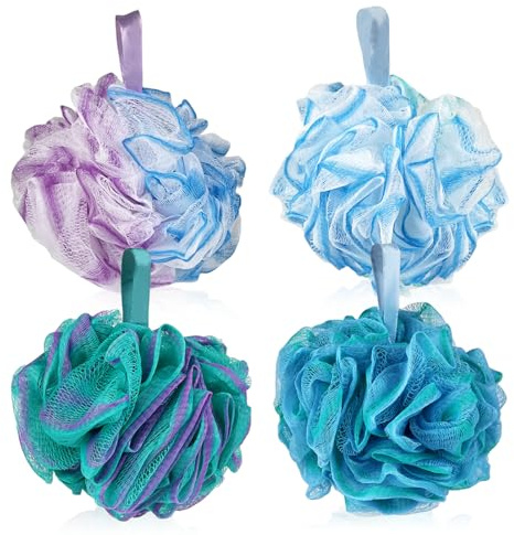 VELLUSTRA Lot de 4 éponges Exfoliantes pour le Corps et Le Bain de Luffa, 75g, Femmes, Hommes en Maille Douce, Loofah de Douche, Boule De Douche, pour Exfolier La Peau Nettoyer La Apaisante