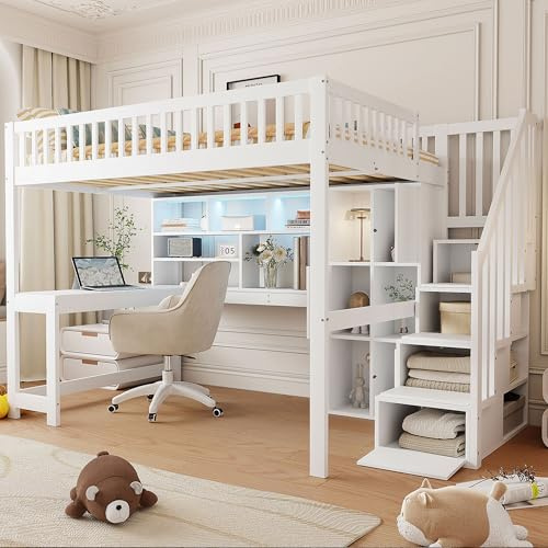 Kebnor Letto a soppalco, con luci a LED, scala, ripiani, scrivania, senza materasso, 140 x 200 cm (bianco)