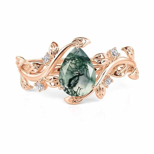 Damen Band Ring Moosachat Silberring Birnenschliff Zirkonia Bandring mit Weinblatt Blumenring Sterling Silber Fingerring Verlobungsring Elegant Trauring für Frauen Mädchen