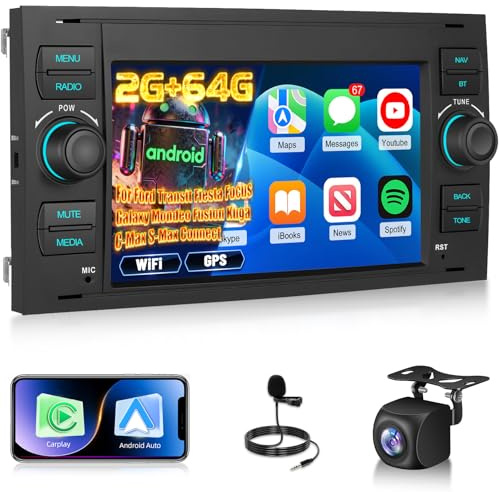 2G+64G Android Autoradio für Ford Transit Fiesta Focus Galaxy Mondeo Fusion Kuga C-Max S-Max mit Wireless Carplay & Android Auto, 9 Zoll Touchscreen Radio mit WiFi, GPS Navigation, Bluetooth, FM RDS