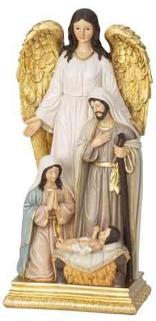 MF Celestina Weihnachtskrippe Heilige Familie mit Engel, 31 cm Höhe, 14,5 cm Breite, Polyresin, Gold-Weiß