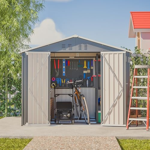 LLGWGL Moderna caseta de jardín con puerta plegable y base de ventilación, resistente a la intemperie, con cerradura para cortacésped y bicicletas, 229 x 180 x 191 cm, color gris