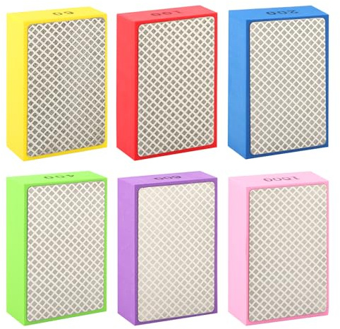 6PCS Diamond Hand Polishing Pads, 60/100/200/400/600/1000 Grit Sanding Pads with Color-Coded Sponge Backing, Wet Dry Use for Ceramic Tile Glass Stone Marble Granite Wood