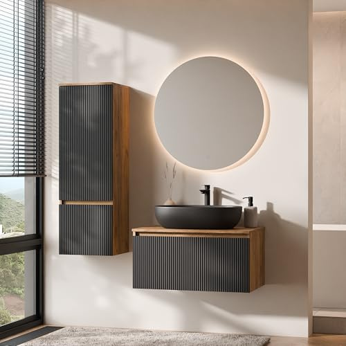 Planetmöbel Arisa Badmöbel Set Waschtisch mit Unterschrank | 80 cm, gold eiche schwarz (geriffelt) mit NOVA Spiegel und Hochschrank, Waschbecken 60 cm gold eiche schwarz, Raumsparsiphon