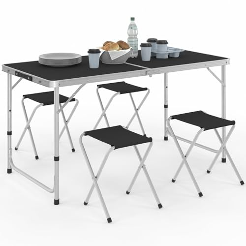 IDMarket - Klappbarer Camping-Beistelltisch 120 cm höhenverstellbar und 4 Schwarze Hocker