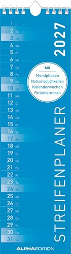Streifenplaner Mini BLAU 2027: schmaler Wandkalender 9,5x33 cm mit farblich markierten Wochenenden, Feiertagen & Mondphasen, ideal für Haushalt, Familie & Büro | schmaler Wandkalender 9,5x33 cm mit farblich markierten Wochenenden, Feiertagen & Mondphasen, für Haushalt, Familie & Büro