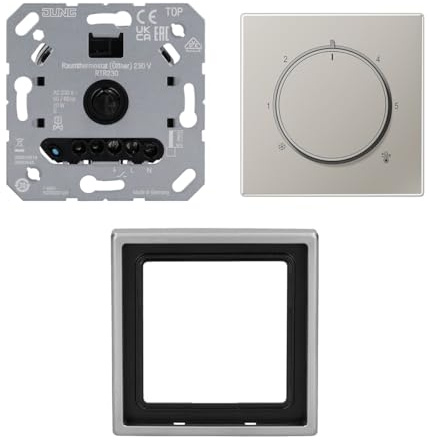 Jung Serie LS Komplett-Set Edelstahl: RTR230 Raumthermostat (Öffner) 230 V + ES1749 Abdeckung für Raumtemperaturregler-Einsätze + ES2981 Rahmen 1-fach