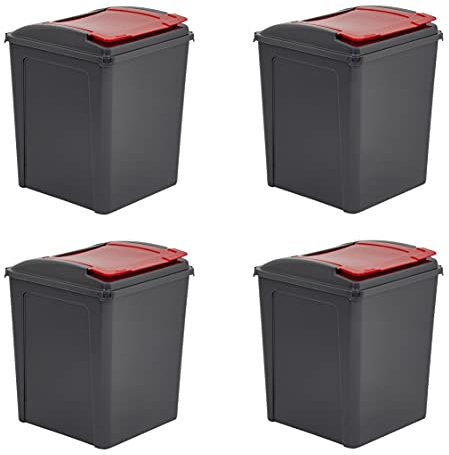M1SS Set of 4 50L Plastic Recycling Bin Rubbish Dustbin Kitchen Garden Recycle Waste Bin With Lid - Red/Grey