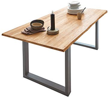 SAM Esszimmertisch 140 x 80 cm Seattle, Eichenholz, Wildeiche, silbernes U-Gestell aus Metall, Baumkantentisch, Unikat