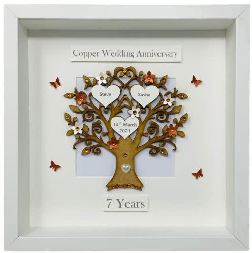7 Years or 22 Years, 7th, 22nd Copper Wedding Anniversary Gift Family Tree Picture Handmade Frame Personalised - Various Designs (Classic Copper & White)