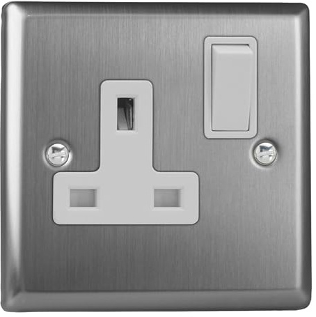 Varilight Single Switched Plug Socket - Classic Brushed Steel With White Insert, XT4W