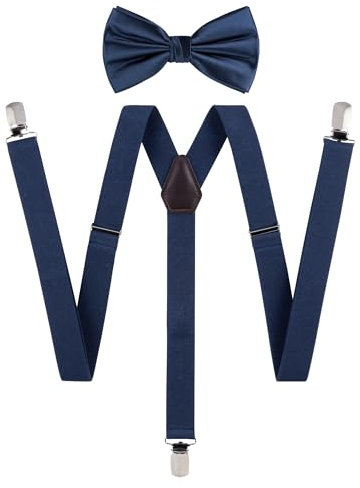 TIE G Herren Hosenträger elastisch und verstellbar mit farblich passender Fliege Set (Marine)