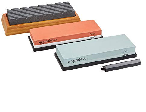 Amazon Basics Knife Sharpening Whetstone Kit, Dual-Sided 400/1000 and 3000/8000, Flattening Stone & Non-Slip Bamboo Base, 3 Count, Multicolored