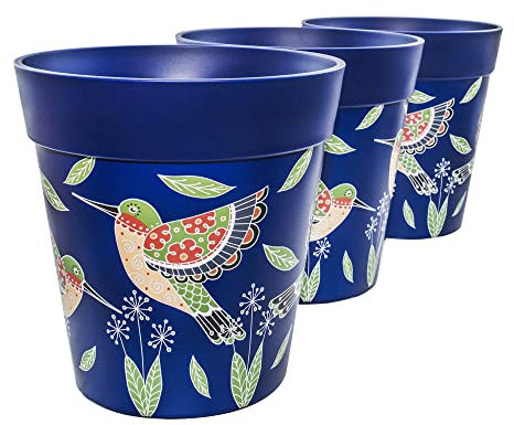 Hum Flowerpots, 22cm Set of 3, Various Patterns Colours and Sizes, Indoor/Outdoor Plastic Plant Pots, Blue Hummingbird