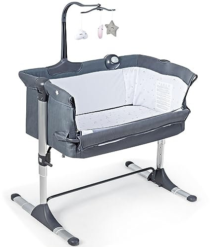 COSTWAY 2 in 1 Culla Neonato Fianco Letto Lettino Neonati Cosleeping, con Materasso, 4 Altezze Regolabile, con Giocattoli e Carillon- 0-6 Mesi, 9 Kg (Grigio Scuro)