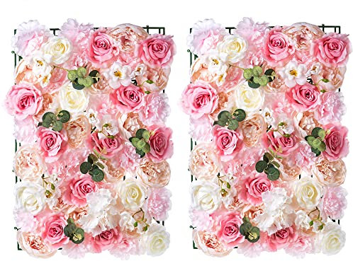 NUPTIO 2 Stück Blumenwandpaneel 60cm X 40cm Weiß & Rosa Kunstrosen Künstliche Blume Blumenhintergrund, Blumenwandhintergrund für Party Hochzeit Brautdusche Babyparty Weihnachten Heimdekoration