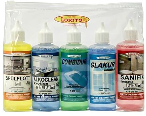 Lorito Reinigungsset für Ferienwohnungen, Putzmittel Set aus 5x 100ml Flaschen, 1x Spülmittel, 1x Universalreiniger, 1x Boden Wischpflege, 1x Glasreiniger, 1x Sanitärreiniger